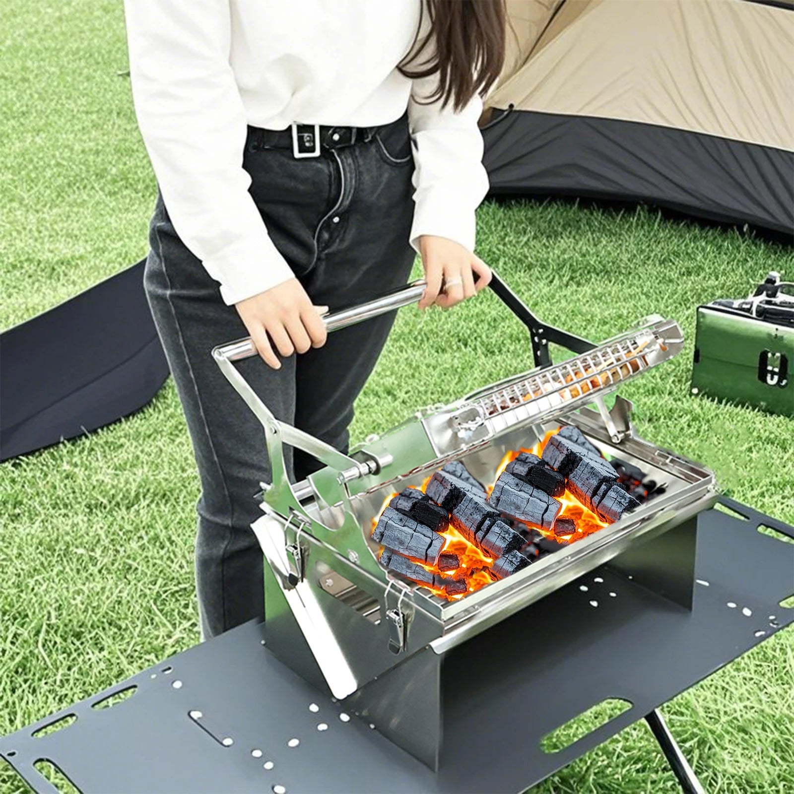 Portable BBQ Grill with 360° Rotating Top Grid for Camping - Image 2